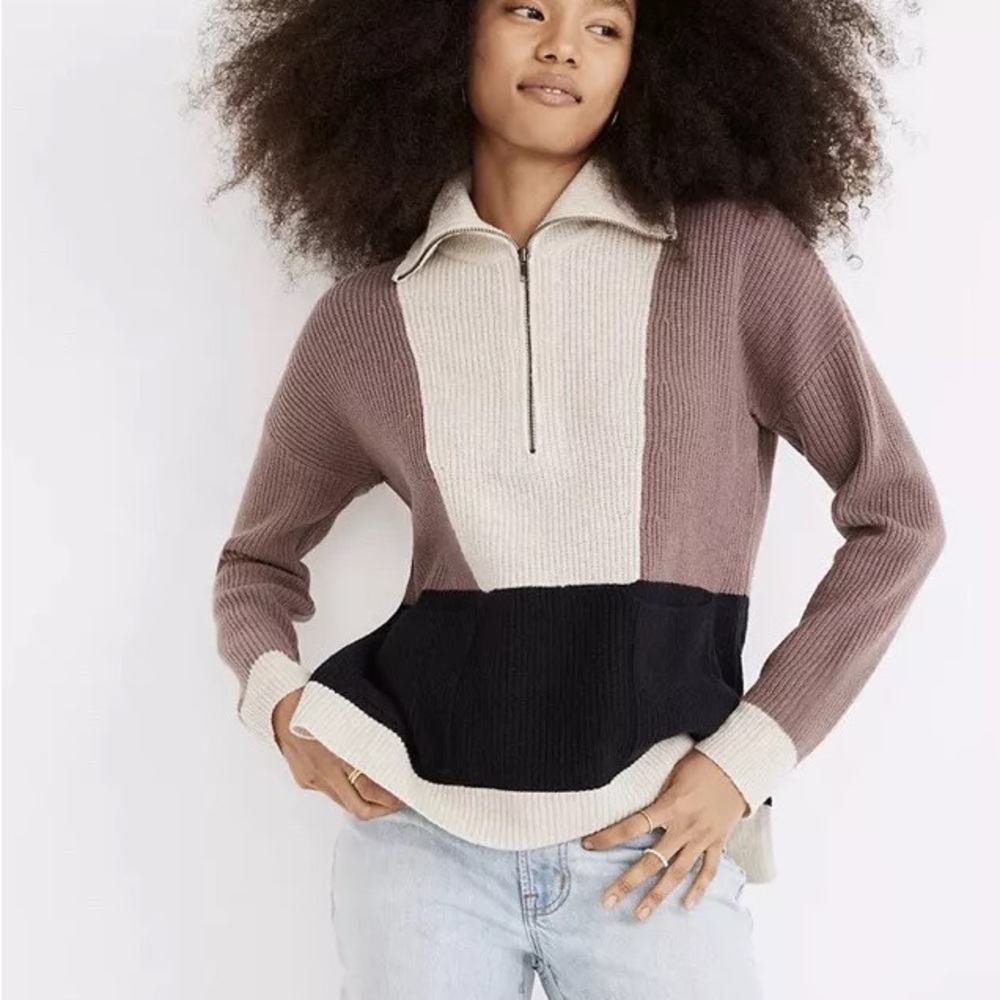 Madewell Colorblock Half-Zip Sweater in Mauve, Cream & Black